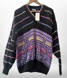 Hogan Mens Multicolor Abstract Cotton Knit V-Neck Pullover Sweater Size Large - Picture 1 of 6