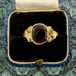Vintage 9k massiver Gelbgold Einzelstein Granat Ring, Größe 5 - Bild 1 von 9