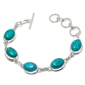 Blue Turquoise Gemstone Handmade 925 Sterling Silver Jewelry Bracelet Size 7-8" - Picture 1 of 1