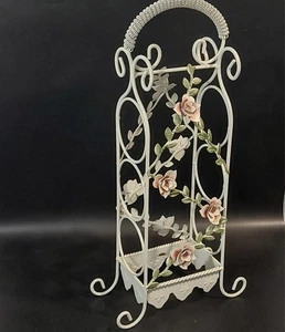 Vintage Shabby Chic Metal Tole Floral Wine Rack/Towel Holder 19" Painted Roses - Picture 1 of 11