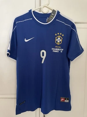 Camiseta de fútbol retro visitante Brasil Ronaldo R9 (1998), hombre talla L TOTALMENTE NUEVA Foto 1 de 3