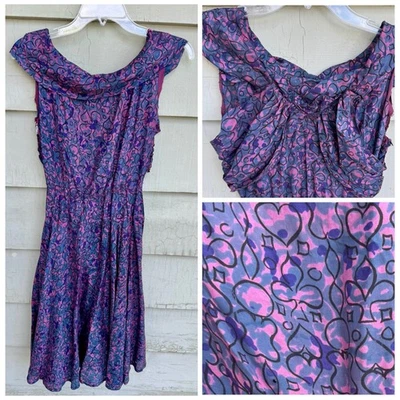 Винтажное шелковое платье 30/40-х фиолетовый розовый принт 24 дюйма талия ар-деко лопата сердце - Изображение 1 из 4
