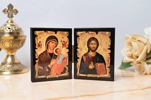 Díptico Icono de madera con la Virgen María Amolintos y Jesucristo la Bendición - Imagen 1 de 13