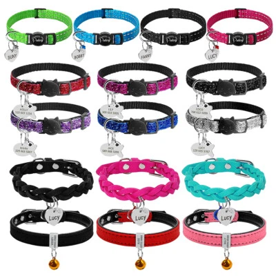 Pet Cat Collar Custom Personalised Safety Kitten with Name ID Tag Adjustable