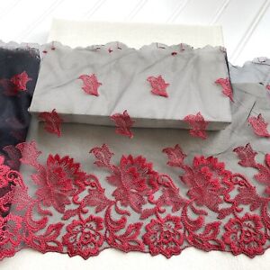 Red & Black Floral Embroidered Tulle Lace Trim for Sewing/Crafts/Bridal/9" Wide
