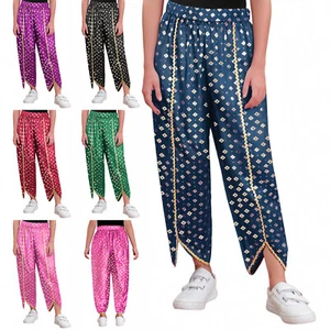 Kids Girls Indian Dress Up Dhoti Gold Trim Metallic Floral Print Satin Long Pant - Picture 1 of 47