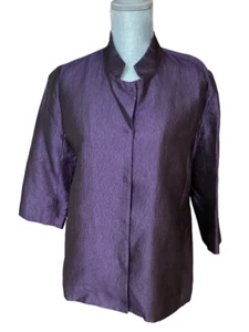 Eileen Fisher Women’s Jacket Blouse S Purple 100% Silk Crinkle Snap Clse Pockets - Picture 1 of 12