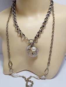 VTG Rolo Chain Cross Charms Pendant Toggle Collar Necklace, Silver Tone LOT 2 - Picture 1 of 5
