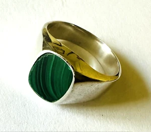 Vintage Sterling Silver Men's Ring Size 11 Malachite Inlay 13.7 Gram Mexico - Picture 1 of 4