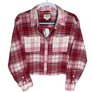 American Eagle Flannel Shirt Womens M Cropped Pink Red Plaid Soft Preppy NWT - Picture 1 of 13