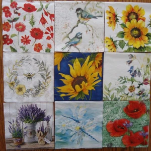 9 servilletas flores amapola lavanda pájaro abeja libélula decoupage floral - Imagen 1 de 10