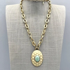 Lia Sophia Necklace Mykonos Blue Bead Cream Enamel Gold Tone Oval Pendant 26" - Picture 1 of 9