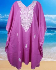 WOMANS PINK Kashmiri Kaftan COTTON Boho Floral Embroidered Beach MAXI Dress 3XL