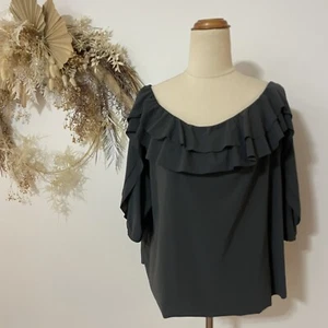 Paula Ryan Woman’s Grey Frill Stretch Top Size S Designer Basic Arty AS NEW - Picture 1 of 9