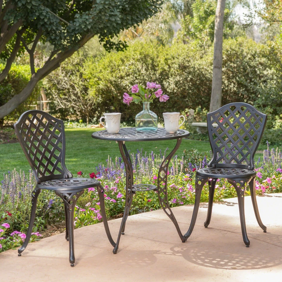 Lyon Traditional Outdoor 3-Piece Black with Bronze Cast Aluminum Bistro Set - Image 1 of 4