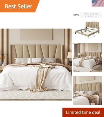 Comfortable King Size Platform Bed with Geometric Wingback - Easy Assembly - Image 1 of 4