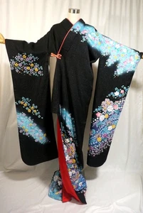 Japanischer Kimono SEIDE FURISODE, SAKURA, Shiboridye, SIL-Faden, Gin-Tooshi, L5'7".4601 - Bild 1 von 14