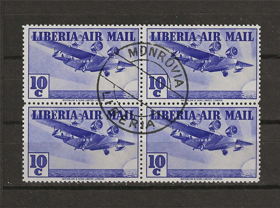 Liberia 1938 Sc# C9 Airmail Trimotor Plane 10c block 4 NH CTO - Image 1 of 1