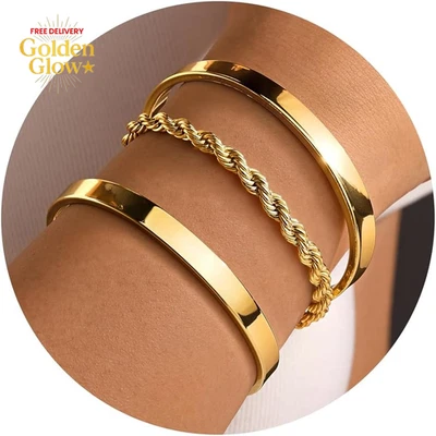 Gold Bracelets for Women Non Tarnish Dainty 14K Real Gold Plated Bangle Cuff Bra - Image 1 of 4