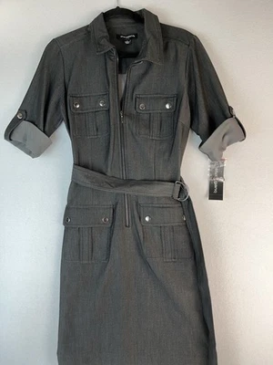 Sharagano NY Womens Gray Stretch Belted Zip Front Shirt Dress Front Pockets 8 - Image 1 of 4
