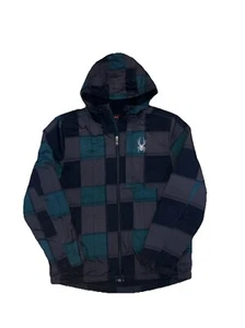 SPYDER Men's Fresh Air Softshell Hood Jacket Size Large Black & Green Checkered - Picture 1 of 6