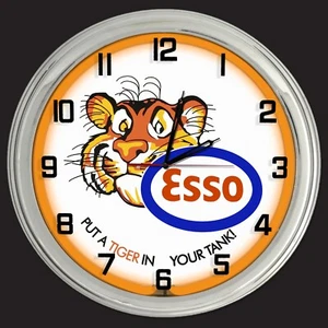 16" ESSO Gasoline Motor Oil Gas Tiger in Your Tank Sign Orange Neon Clock - Picture 1 of 2