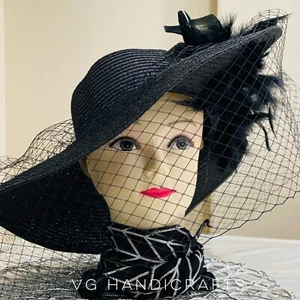Black Derby Hat Feather Fascinator Black Color Wedding Hat With Birdcage Veil - Picture 1 of 11