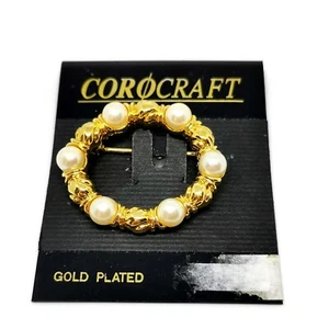 Vintage Corocraft Brosche vergoldet auf Ladenkarte. Coro. Rundperlen. - Bild 1 von 6