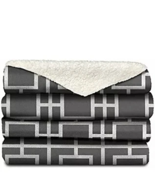 Sunbeam Electric Heated Sherpa Plush Warming Throw Blanket Slate Grey Lattice - Image 1 of 4