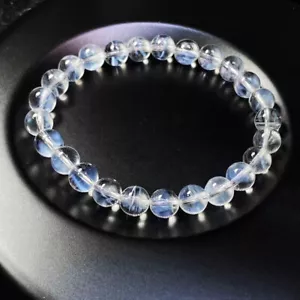 Bracciale Cristallo Quarzo 7,7mm Naturale Trasparente Bianco Blu”Piuma” AAA - Foto 1 di 6