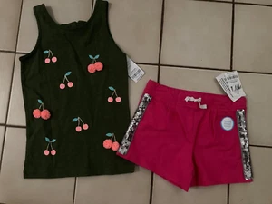 Carter’s girl kids pink short olive cherry tank top outfit size 6-6X Brand New! - Picture 1 of 5