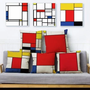 Mondrian Yellow Geometric Stitching Throw Square Cushion Covers Linen Home Decor - Picture 1 of 38
