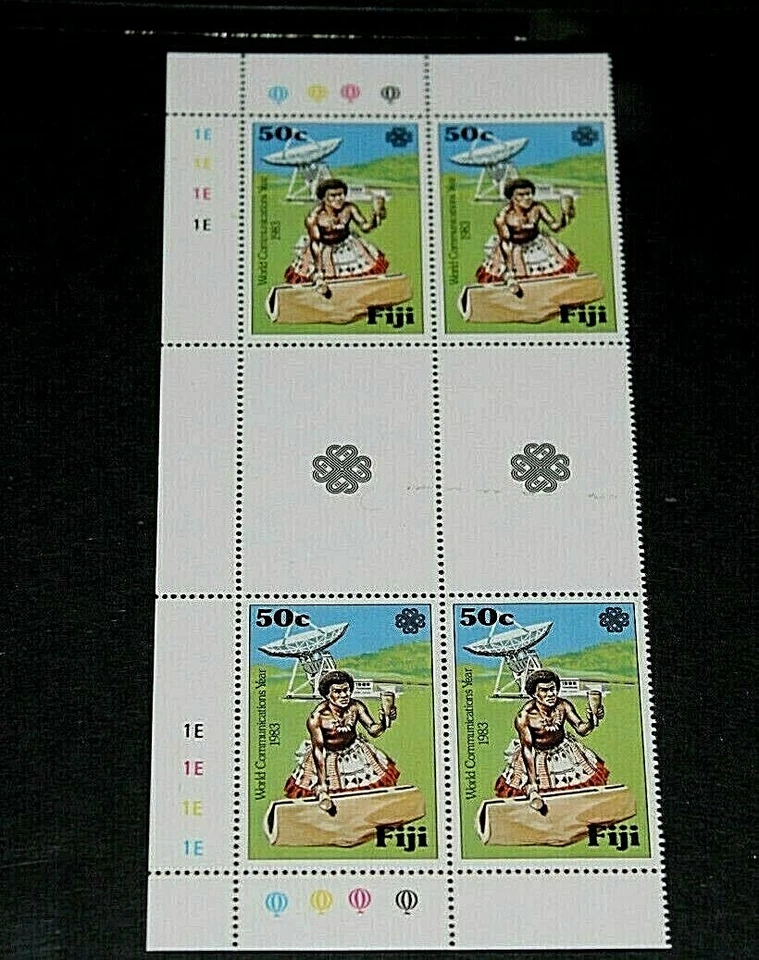 FIJI 1983 WORLD COMMUNICATIONS YEAR IN GUTTER CNR BLOCK OF 4 FINE M/N/H - Image 1 of 1