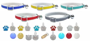 Cat / Kitten Reflective Collar With Safety Elastic, Bell & Personalised Pet Tag - Picture 1 of 11