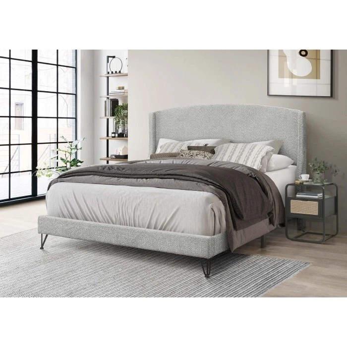 Light Gray Fabric C. King Size Platform Bed Frame, Elegant Wing Back HB Design - Image 1 of 1