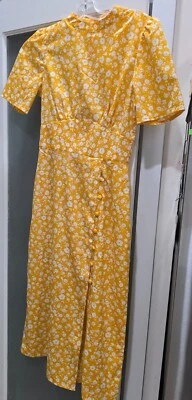 ASOS Bright Yellow Floral midi dress, covered buttons below waist, Sz 2  - Image 1 of 4