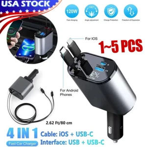 Retractable Car Charger 4in1 Fast Car Phone 16 Charger 120W USB Type C Cable lot - Picture 1 of 18