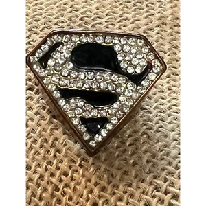 Copper Large Superman Ring Black Enamel Clear Rhinestones Size 5 - Picture 1 of 4