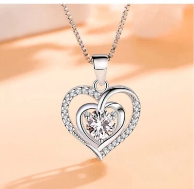 Damen Halskette Herz Zirkon Anhänger Frauen Schmuck Kette 925 Silber verstellbar - Bild 1 von 4