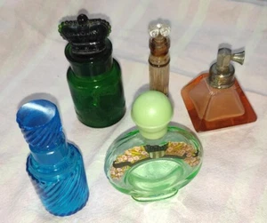 Old perfume bottles 1)green 2) orange 3) crown green 4) Blue crystal 5)miniature - Picture 1 of 23