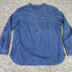 Talbots Hemd Damen XL Blau Chambray Denim Henley Popover Langarm Rüschen - Bild 1 von 12