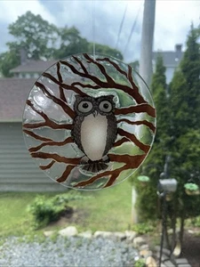 Sydenstricker Fused Glass Owl In Branches Round Window Adornment - Picture 1 of 5