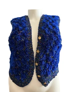 Vintage Kunstfellweste gehäkelt blau & gold - Bild 1 von 5