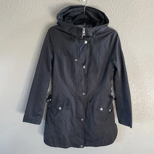 Guess Trench Coat Womens Medium Black Lace-up Side Ties Hooded Rain Jacket - Picture 1 of 11