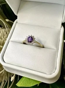 Amethyst & Diamond Ring 9ct Gold Oval Cluster Size N 1/2 Was £295 February - Picture 1 of 6