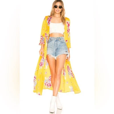 Free People Alexa Floral Duster Maxi Length Jacket Kimono Sun Yellow Sz Medium - Image 1 of 4