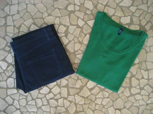 Peckott Hose Jeans Gr.38 blau Stretch + T-shirt grün Gr. M Cecil - Bild 1 von 4