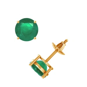 1ct. Real Emerald Earrings Stud Round Gemstone Women's Jewelry, 14K Yellow Gold - Picture 1 of 4