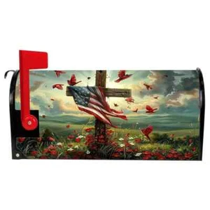 Patriotic American Flag and Cross Standard Size Mailbox Cover - 18x21 Inch - Picture 1 of 5