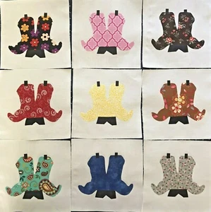 9 Quilt Top sechs Zoll Blöcke Western Cowboy Stiefel Stoff Applikation - Bild 1 von 3
